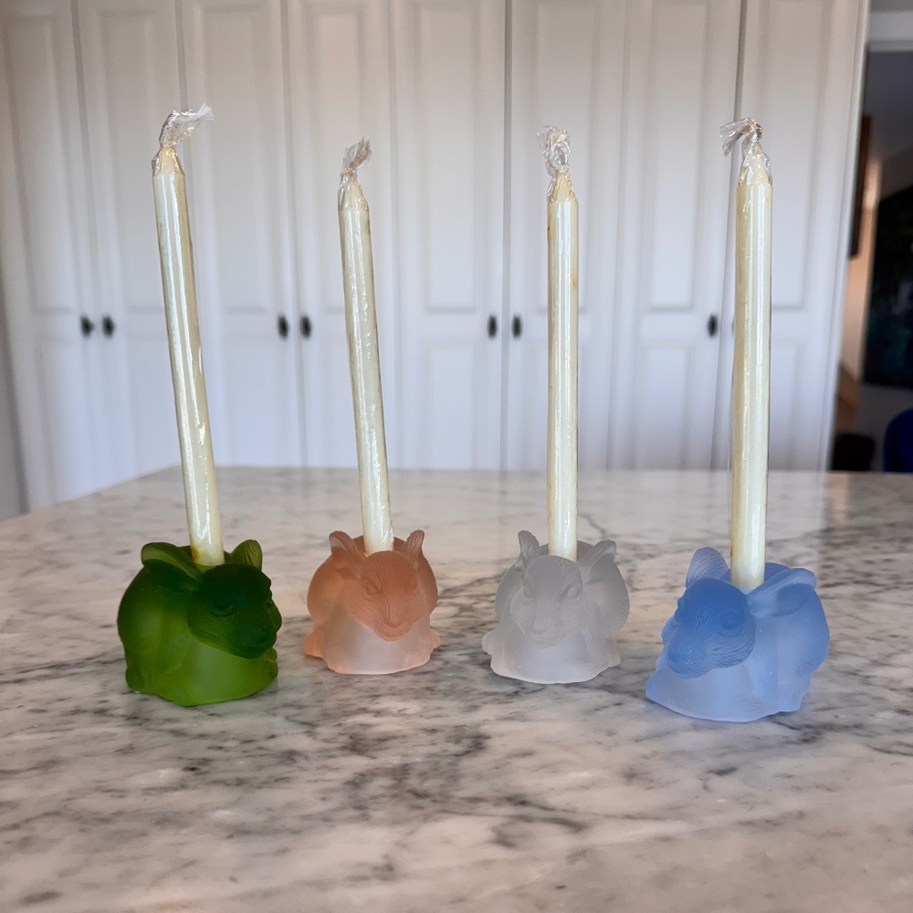 Set of 4 frosted glass bunny rabbit candle holders. Easter Passover decor.